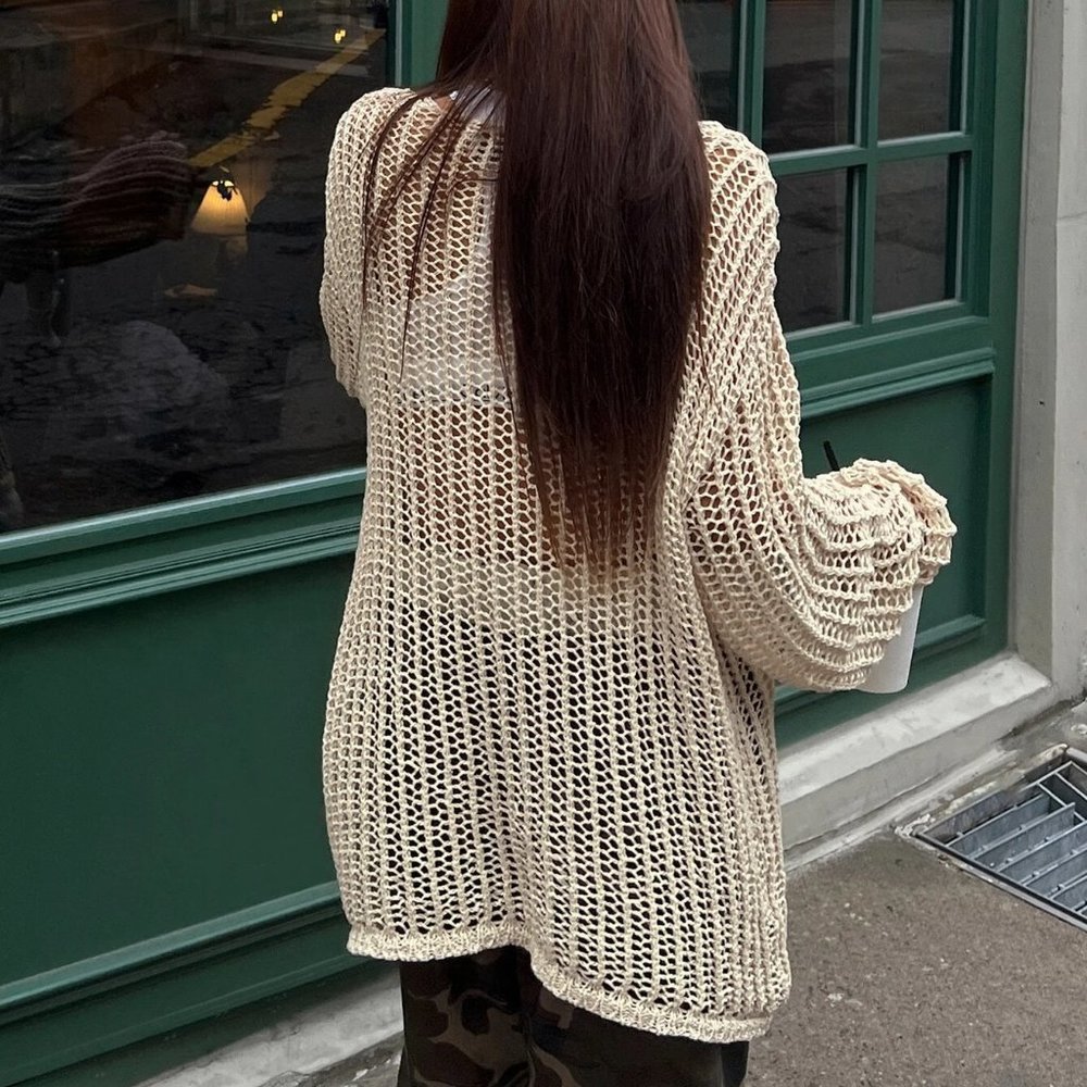 Apricot Casual Womens Hollow Out Drop Shoulder Open Knit Sweater - Picture 3 of 5